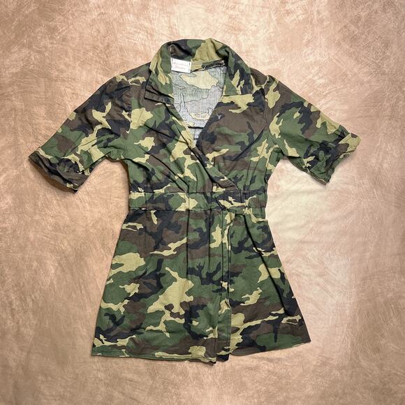 Vintage Y2K Handmade Camouflage Peplum Smock Top V Neck Mcbling Military Army - Picture 7 of 7